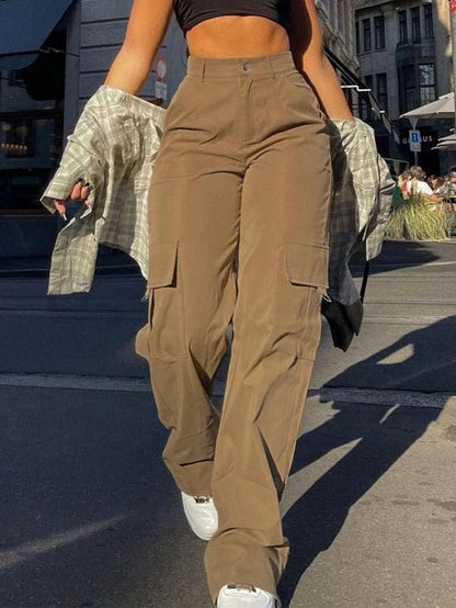 Damen Cargohose Weites Bein Hoher Bund Freizeithose