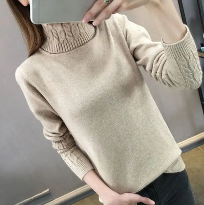 Damen Rollkragenpullover mit Zopfmuster Ärmeln und Hals - warmer Strickpullover
