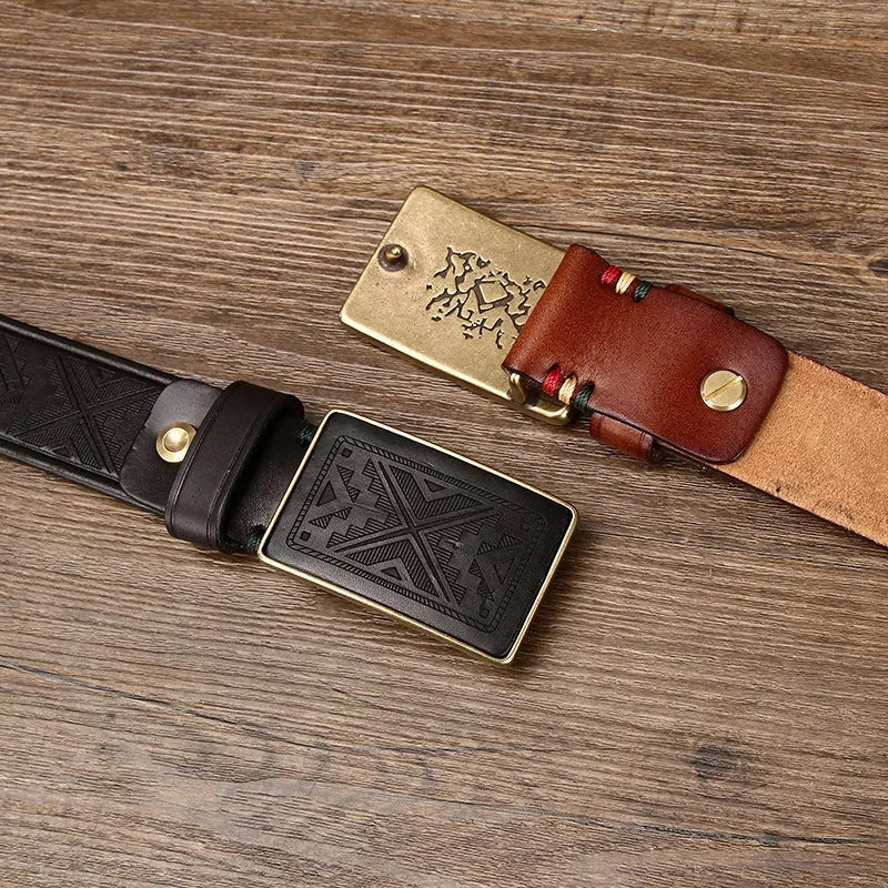 Gürtel mit eingeprägtem Muster und goldfarbener Dornschließe in Schwarz, Braun oder Khaki