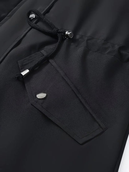 Schwarze Damen Regenjacke mit Kapuze und Karofutter