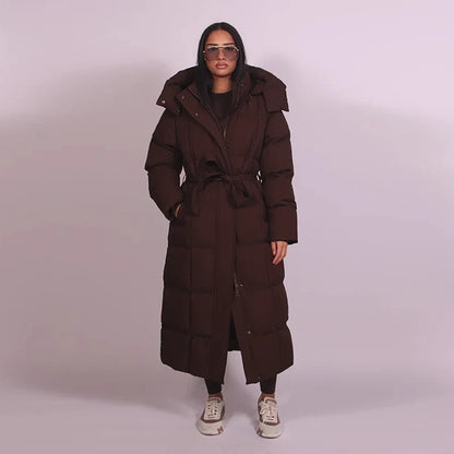 Damen Maxi-Steppmantel lang mit Gürtel und Kapuze oder Stehkragen