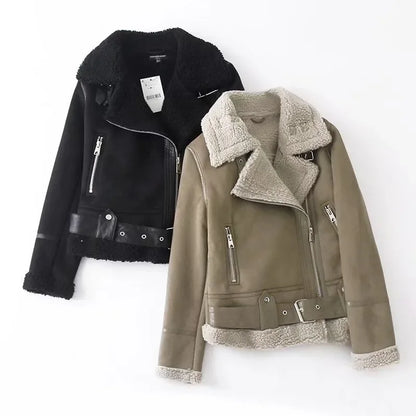 Kurze Bikerjacke mit Reißverschluss und Kunstfellfutter – Damen Fliegerjacke