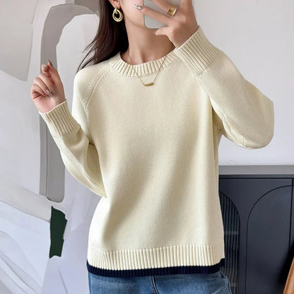 Damen Pullover Rundhalsausschnitt Langarm Strickpullover Rippbündchen