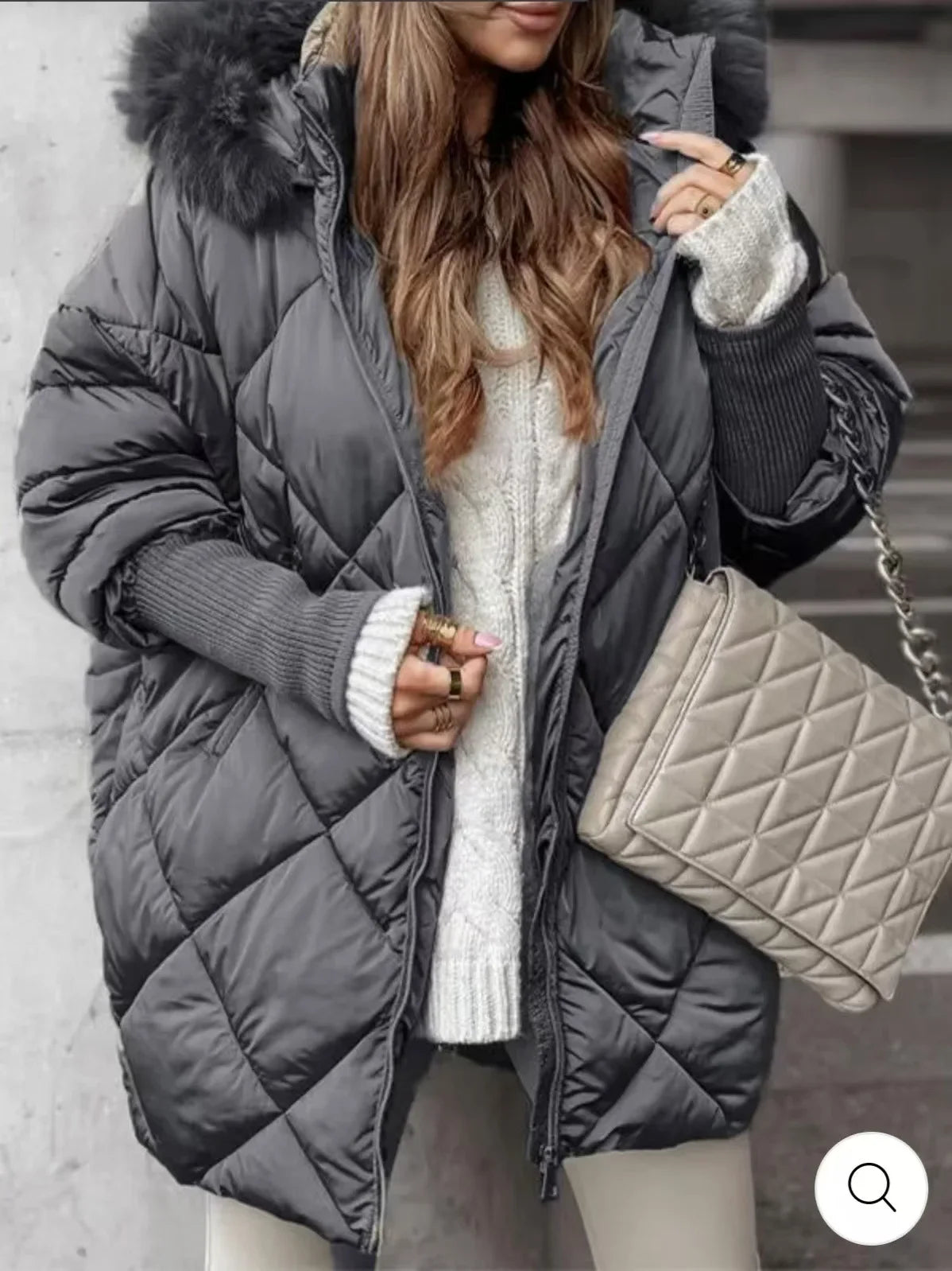 Steppjacke Damen mit Kapuze und Kunstfellbesatz Winter Warme Jacke