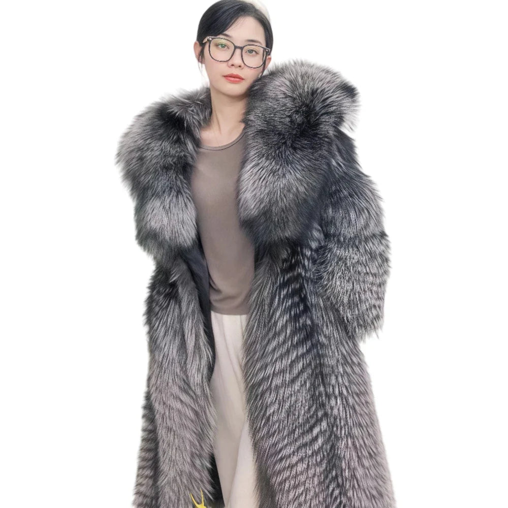 Damen Langer Pelzmantel mit Kapuze Grau/Silber Optik