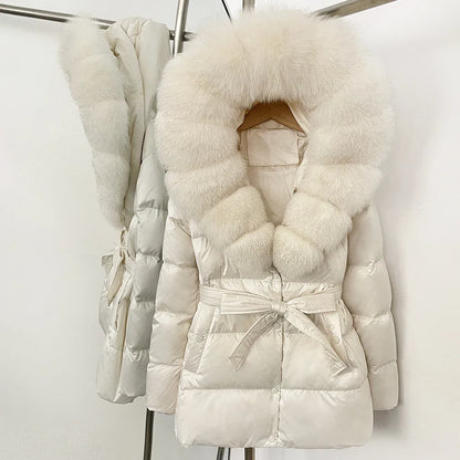 Damen Winter Steppjacke mit Kunstpelzkragen und Gürtel