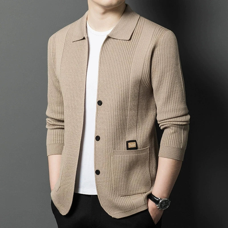 Herren Cardigan Strickjacke gerippt Reverskragen Beige