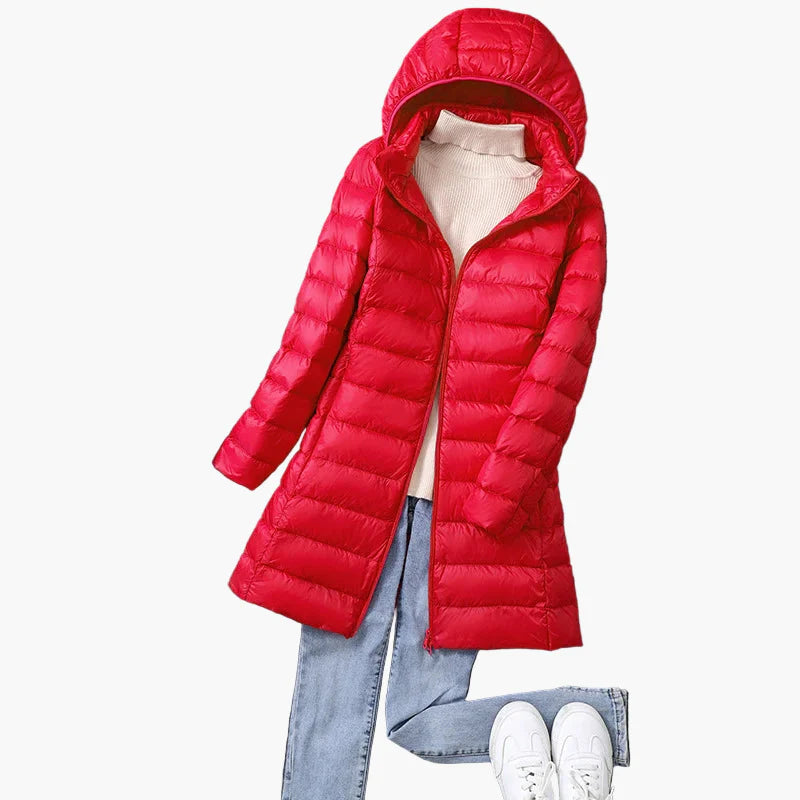Damen Winter Steppmantel mit Kapuze – Leichter, langer Daunenmantel für Alltag & Outdoor