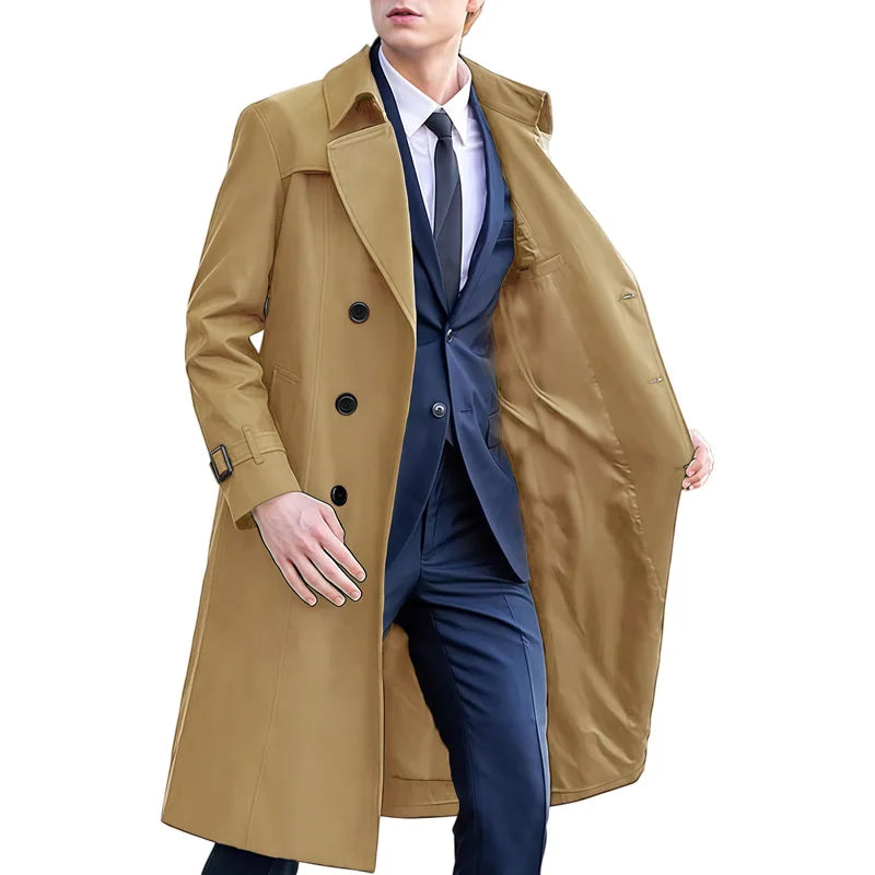 Herren Trenchcoat Zweireiher Langer Mantel mit Reverskragen und Gürteldetails
