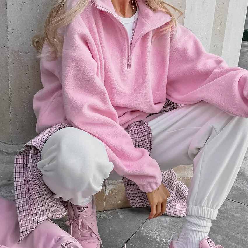 Damen Fleece Pullover Pink mit Reißverschluss Stehkragen