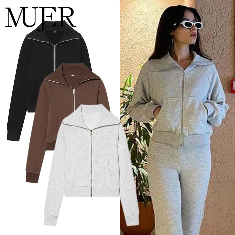 Damen Sweatjacke Reißverschluss Stehkragen & Flare-Hose Set Sportlicher Look