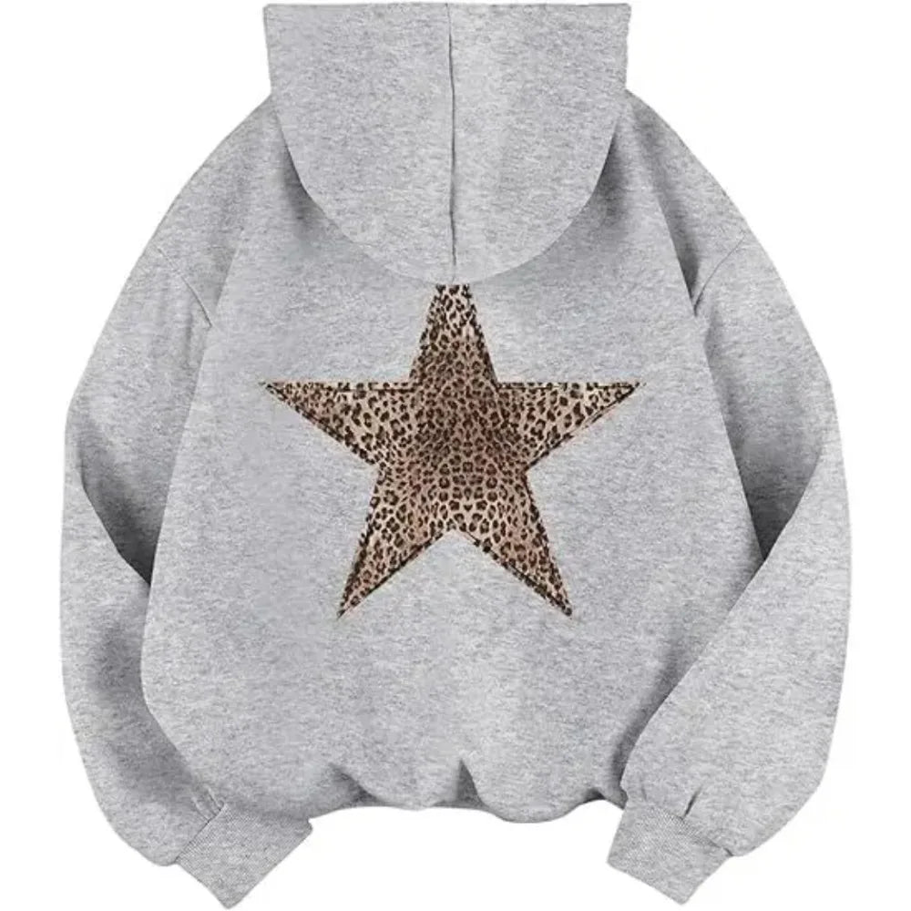 Hoodie Damen mit Leoparden-Stern Aufdruck auf dem Rücken – Oversized Kapuzenpullover