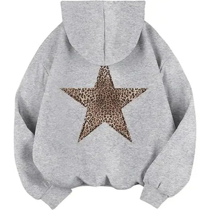 Hoodie Damen mit Leoparden-Stern Aufdruck auf dem Rücken – Oversized Kapuzenpullover