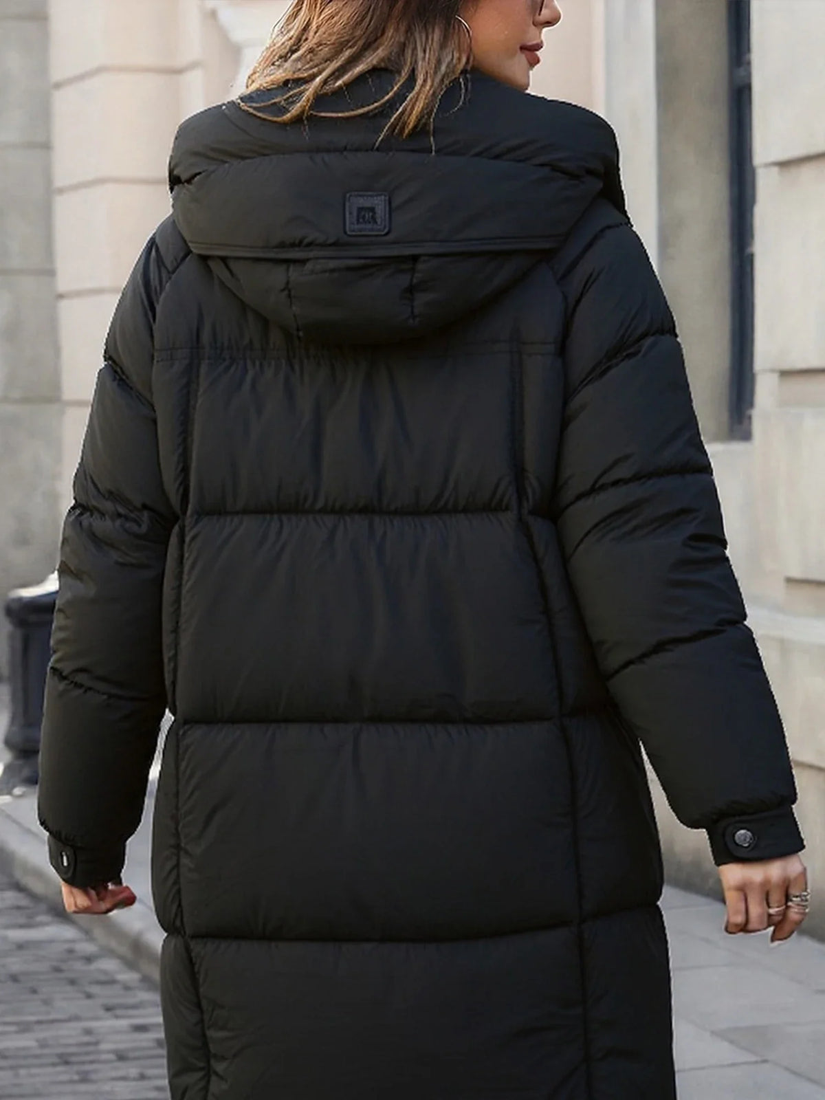 Damen Langer Steppmantel mit Kapuze Schwarz Winter Warme Pufferjacke