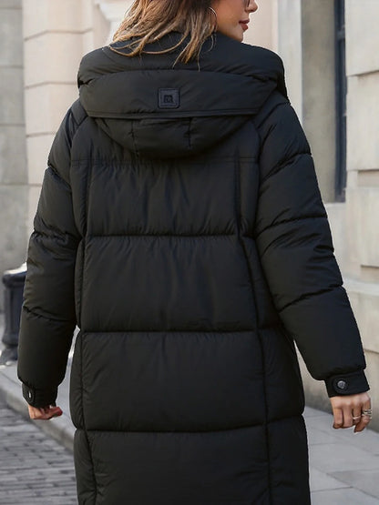 Damen Langer Steppmantel mit Kapuze Schwarz Winter Warme Pufferjacke