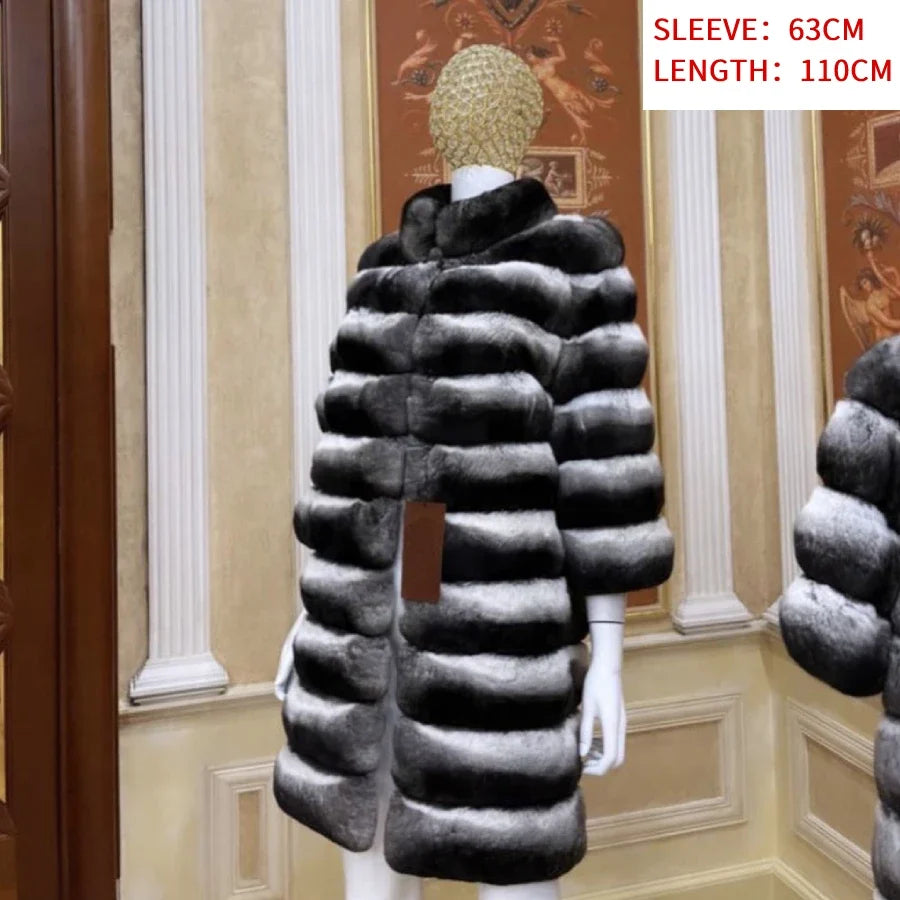 Damen Mantel Lang Pelzoptik Gestreift Grau Schwarz Winter Elegant