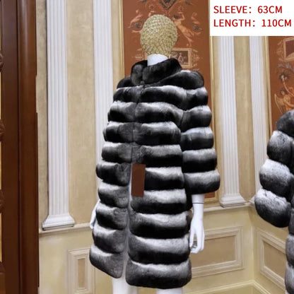 Damen Mantel Lang Pelzoptik Gestreift Grau Schwarz Winter Elegant