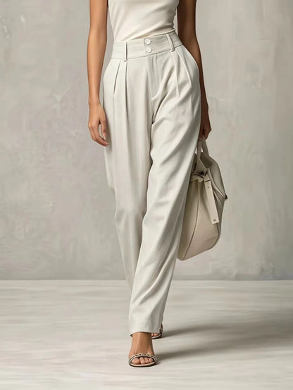 Damen Stoffhose Beige mit hohem Bund und Bundfalten