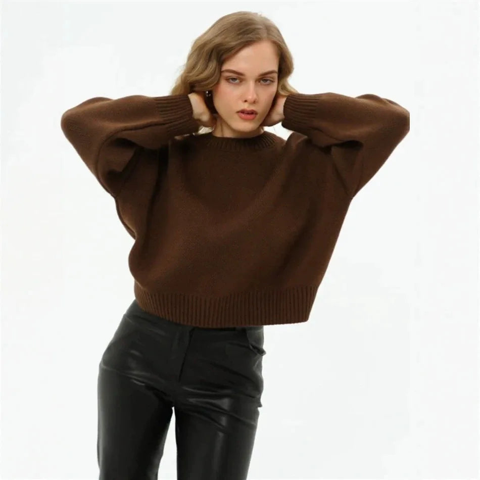 Damen Oversized Pullover Strickpullover Rundhals Langarm Weiß