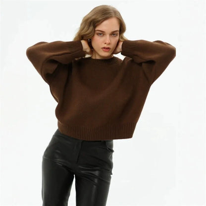Damen Oversized Pullover Strickpullover Rundhals Langarm Weiß