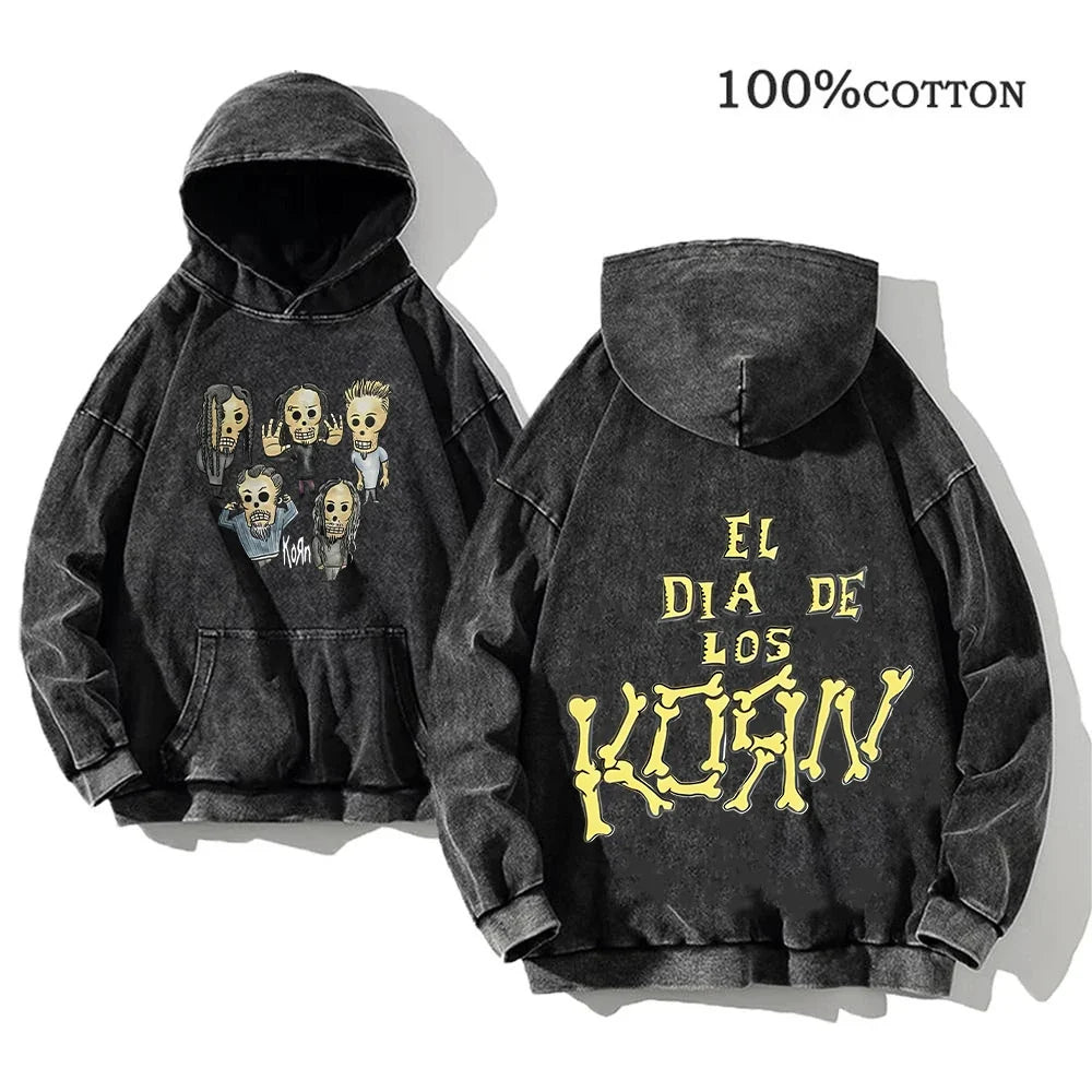 Unisex Kapuzenpullover Grau verwaschen mit Band-Print Vorn & Hinten