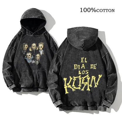 Unisex Kapuzenpullover Grau verwaschen mit Band-Print Vorn & Hinten