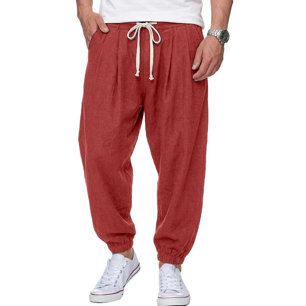Freizeithose Herren Leinen-Optik Kordelzug lockere Passform Elastikbund