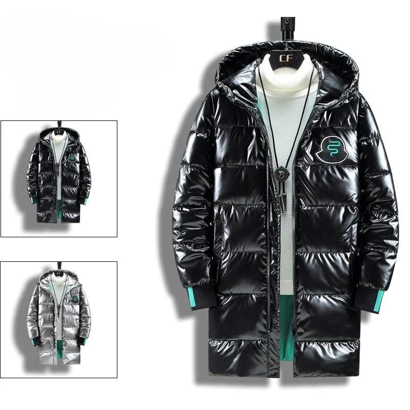 Glänzender Herren Daunenmantel mit Kapuze Schwarz Silber Metallic Winterjacke