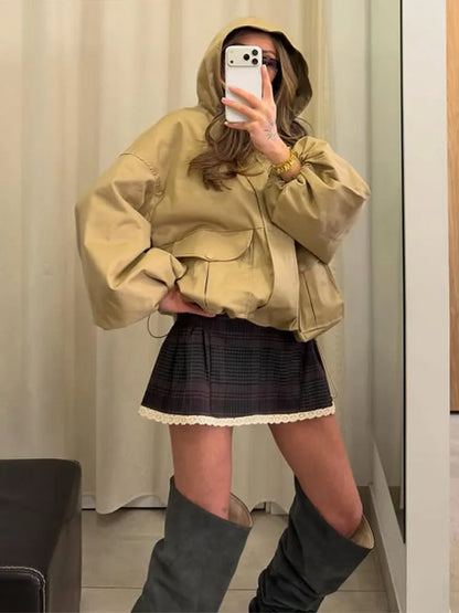 Damen Kurzjacke mit Kapuze und Reißverschluss Rot