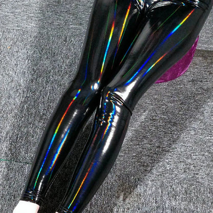 Holographische Leggings für Damen Schwarz Glänzend Bunt Reflektierend