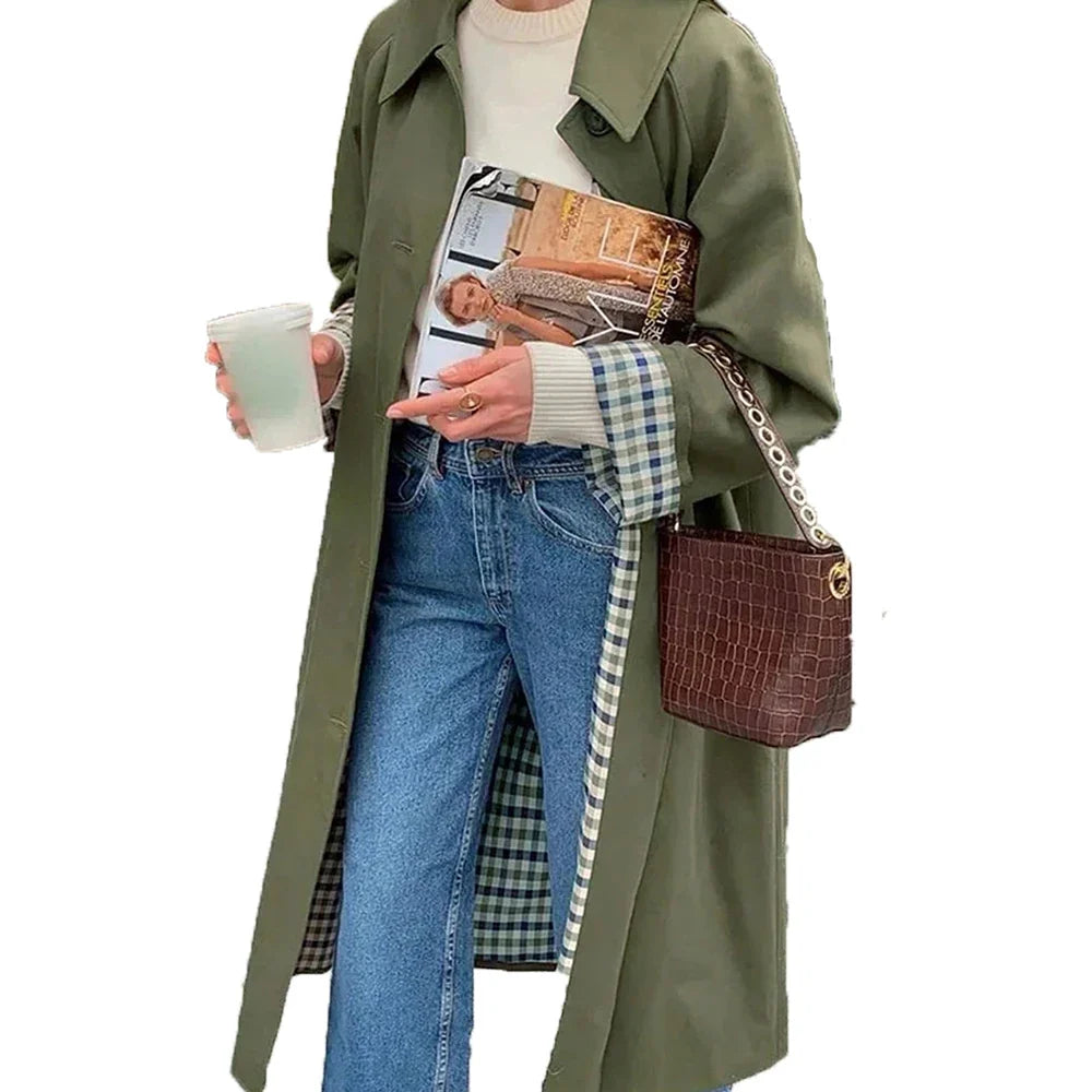 Damen Trenchcoat Lang Übergangsjacke Kariert Gefüttert Khaki Beige Schwarz Zweireiher