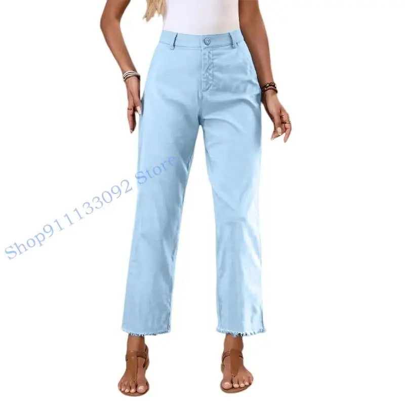 Damen Freizeithose mit hohem Bund und Fransen Saum