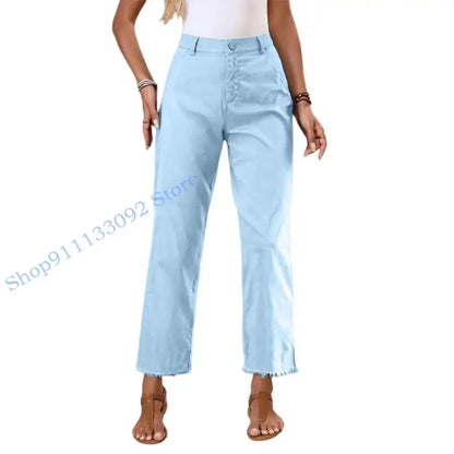 Damen Freizeithose mit hohem Bund und Fransen Saum