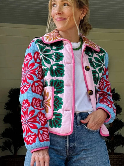 Damen Steppjacke mit Blumenmuster, Bunt