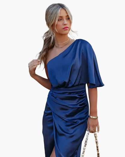Damen Asymmetrisches Midi-Abendkleid – Elegante Ein-Schulter-Partykleid mit Drapierung
