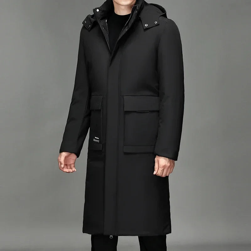 Herren Winter Steppmantel Lang mit Kapuze Schwarz