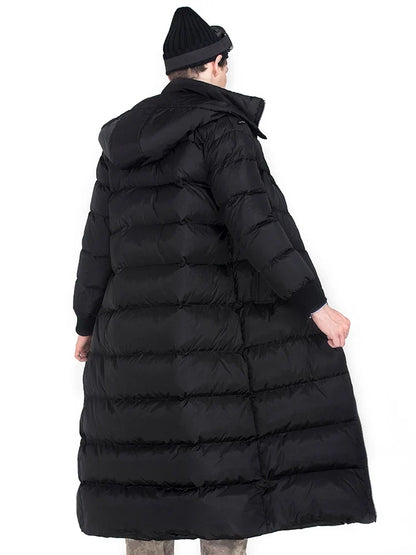Langer Schwarzer Winter Steppmantel mit Kapuze für Herren