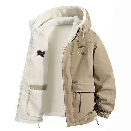 Herren Winterjacke mit Kapuze und Teddyfutter, Winddichte Übergangsjacke