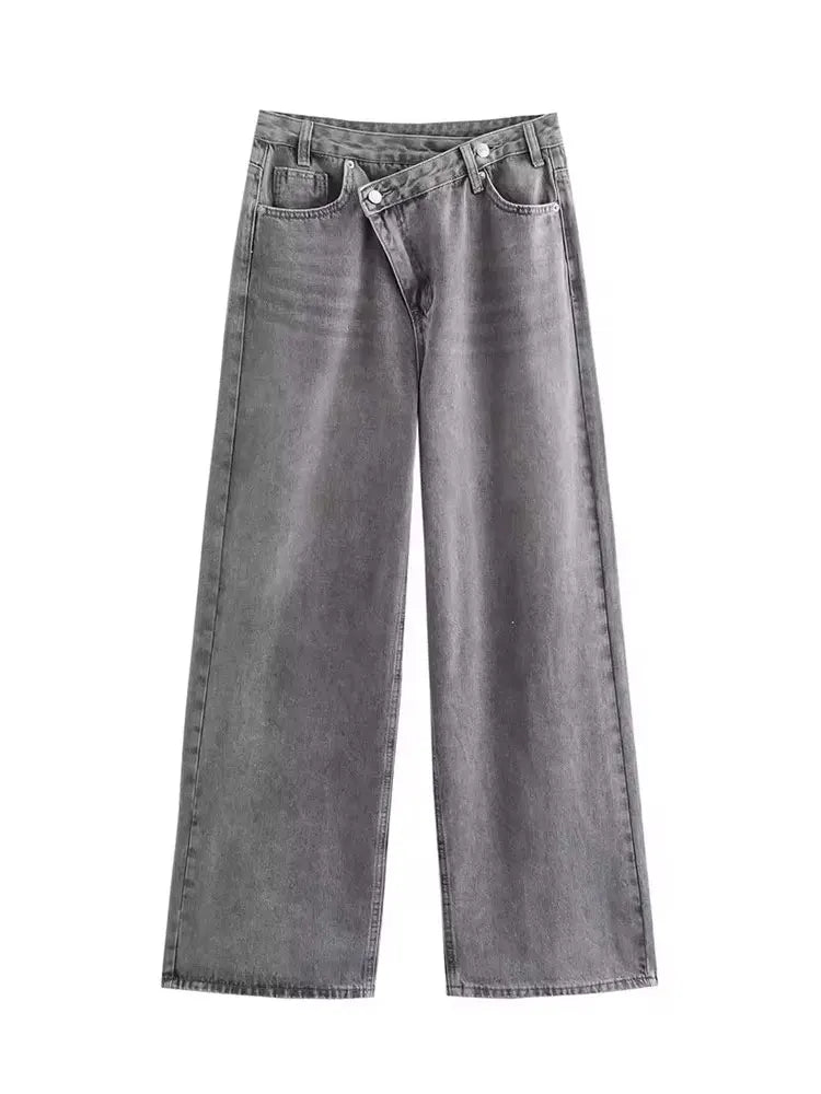 Damen Jeans Asymmetrischer Verschluss Hohe Taille Weites Bein