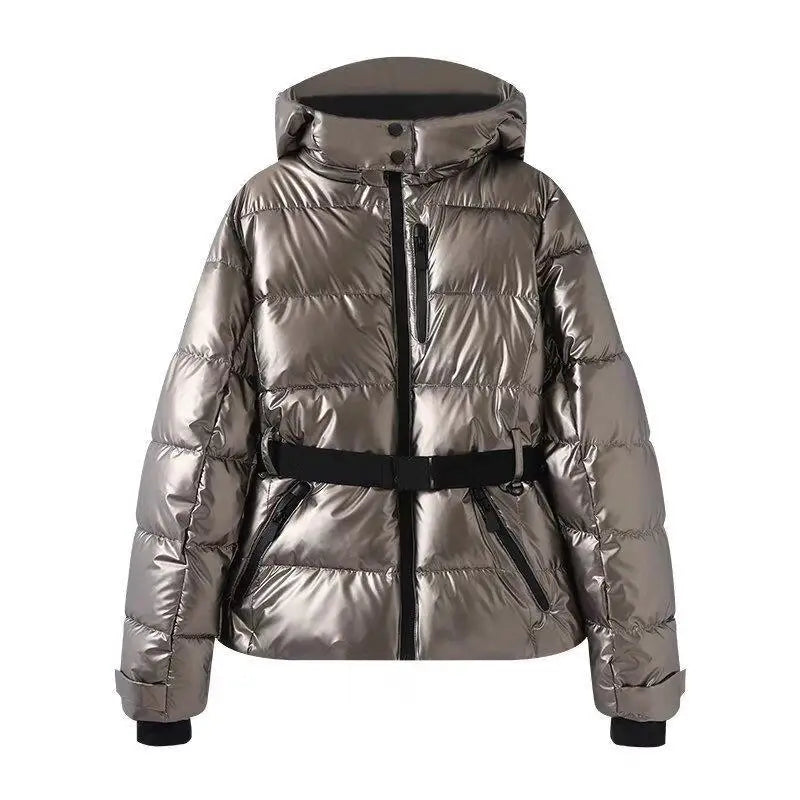 Gepolsterte Damen Winterjacke mit Kapuze und Gürtel, kurzer Schnitt, in Schwarz