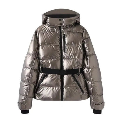 Gepolsterte Damen Winterjacke mit Kapuze und Gürtel, kurzer Schnitt, in Schwarz