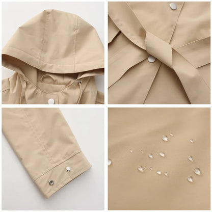 Damen Regenjacke mit Kapuze, Tunnelzug und Gürtel, Hellbeige