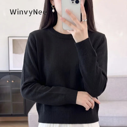 Damen Pullover Rundhals Langarm Strickpullover