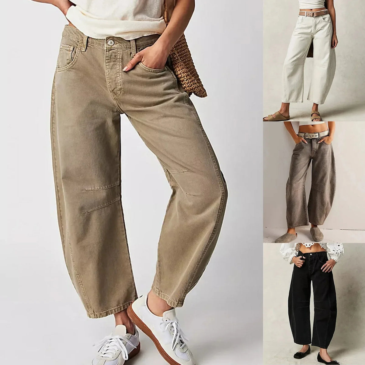 Damen Weite Hose Lockerer Schnitt Jeans Stil Hochbund mit Kniedetails