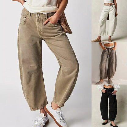 Damen Weite Hose Lockerer Schnitt Jeans Stil Hochbund mit Kniedetails