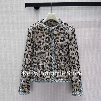 Damen Jacke Leopard-Print Bouclé Kurz geschnitten Goldknöpfe Langarm