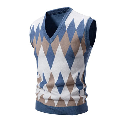 Herren Argyle Strickweste V-Ausschnitt Ärmellose Pullover Weste