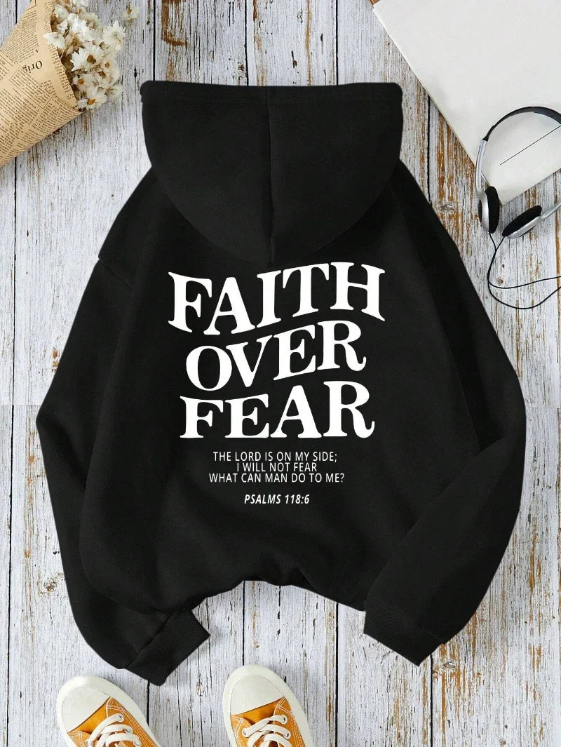 Hoodie mit Kapuze und "Faith Over Fear" Druck, lockere Passform