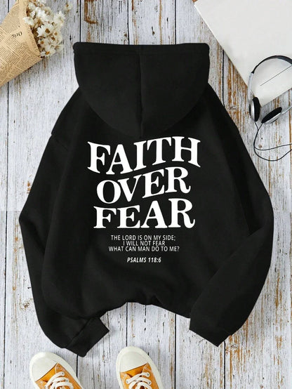 Hoodie mit Kapuze und "Faith Over Fear" Druck, lockere Passform