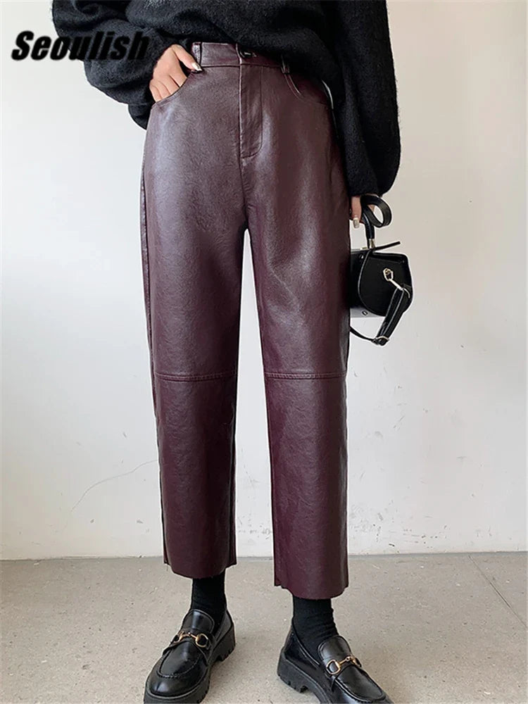 Damen Hose im Leder-Look, weites Bein, Schwarz oder Burgunderrot